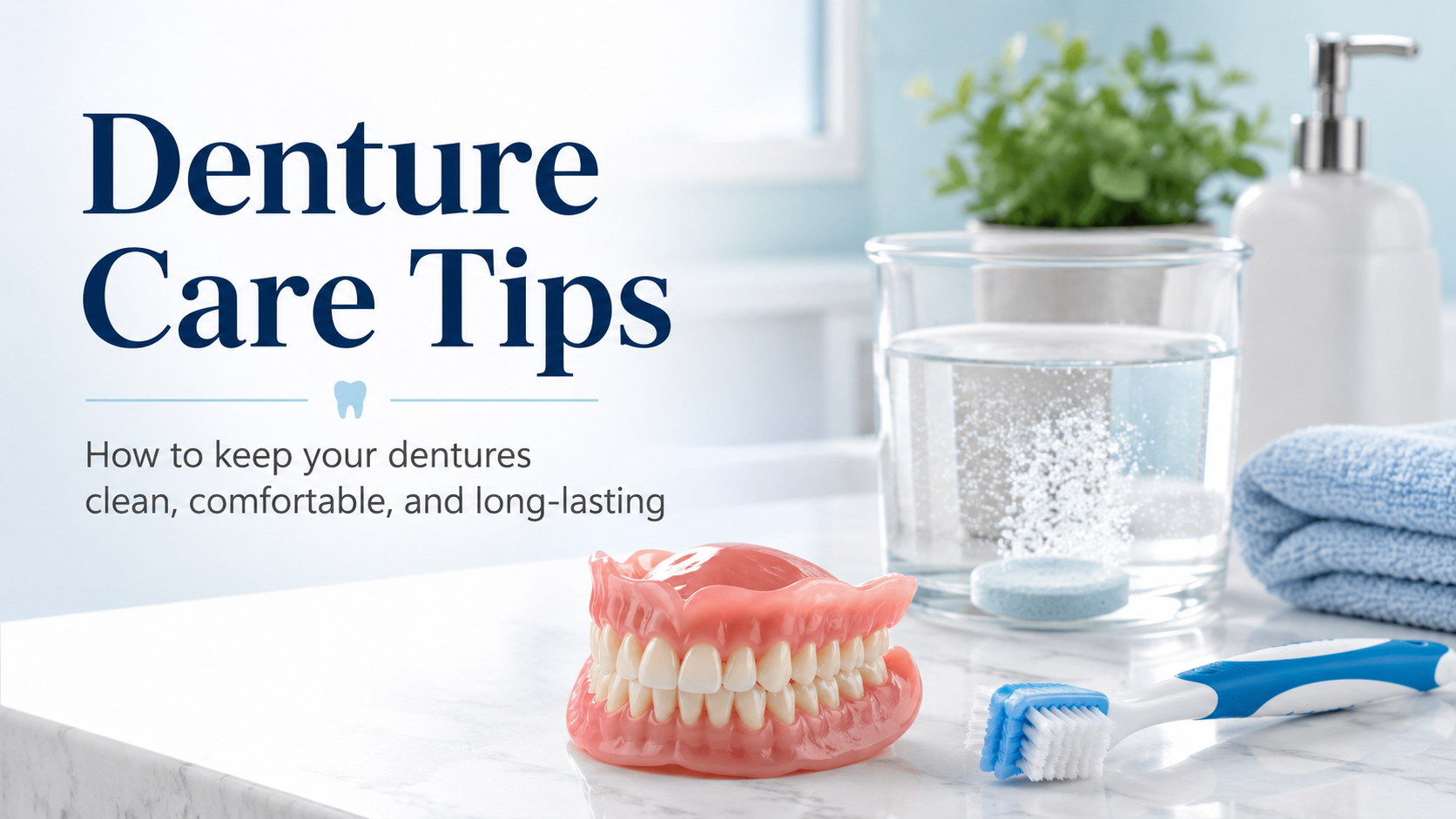 Denture care tips banner with dentures, toothbrush, and cleaning supplies on a marble counter in a bright bathroom setting.