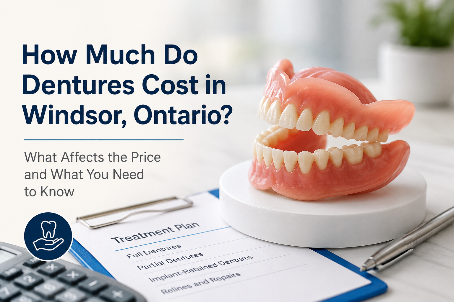 Article cover image: dentures model on a stand beside a treatment plan on a clipboard, about denture costs in Windsor, Ontario.